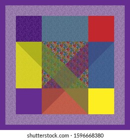 Decorative abstract artwork with  floral patterns, dots and fill colors in various geometric formations.