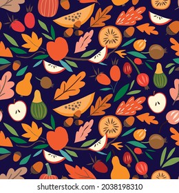 Decorative abstract autumnal seamless pattern, seasonal cut out elements