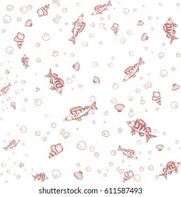 decorative abstract background with bubbles, seashells and fishes rose contour