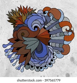 Decorative abstract background with dark textured waves and spirals. Template with black outlines on gray background. Vector color illustration.