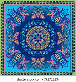 Decorative abstract background, floral doodle lace pattern with frame. Tribal ethnic ornament. Bandanna shawl fabric print, silk neck scarf or kerchief design.