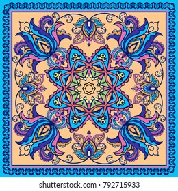 Decorative abstract background, floral doodle lace pattern with frame. Tribal ethnic ornament. Bandanna shawl fabric print, silk neck scarf or kerchief design.
