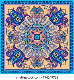 Decorative abstract background, floral doodle lace pattern with frame. Tribal ethnic ornament. Bandanna shawl fabric print, silk neck scarf or kerchief design.