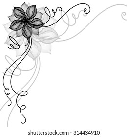 Decorative abstract background with floral element. Black contour floral element isolated on white background. Corner element with stylized flowers and curve lines.