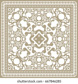 Decorative abstract background, geometric floral doodle pattern with ornate lace frame. Tribal ethnic ornament. Bandanna shawl, tablecloth fabric print, silk neck scarf, kerchief design