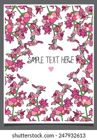 decorative abstract background with sprigs of spring flowers pink and the text