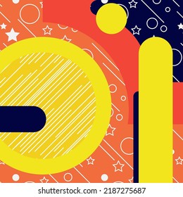 decorative abstract background in the style of the 90s, consisting of geometric shapes with cheerful decorative elements. Bright poster with summer colors: red, yellow, blue