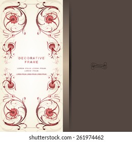 Decorative abstract background with vertical floral ornamental element. Beautiful template with classic ornament pattern for greeting card, booklet or menu.