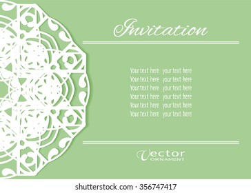 Decorative abstract background, wedding invitation or greeting card design with lace pattern, Mandala element. Beautiful luxury postcard, ornate page cover, ornamental vector illustration 