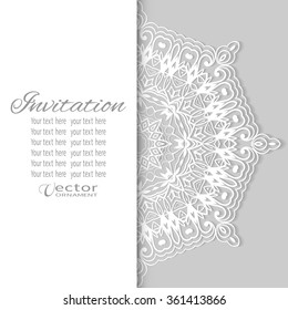 Decorative abstract background, wedding invitation or greeting card design with lace pattern, Mandala element. Beautiful luxury postcard, ornate page cover, ornamental vector illustration