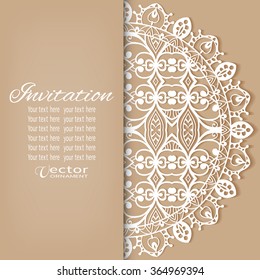 Decorative abstract background, wedding invitation or greeting card design with lace pattern, Mandala element. Beautiful luxury postcard, ornate page cover, ornamental vector illustration