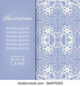 Decorative abstract background, wedding invitation or greeting card design with lace pattern. Beautiful luxury postcard, ornate page cover, ornamental vector illustration