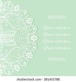 Decorative abstract background, wedding invitation or greeting card design with lace pattern, Mandala element. Beautiful luxury postcard, ornate page cover, ornamental vector illustration