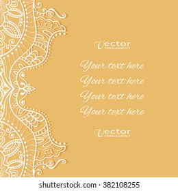 Decorative abstract background, wedding invitation or greeting card design with lace pattern, Mandala element. Beautiful luxury postcard, ornate page cover, ornamental vector illustration
