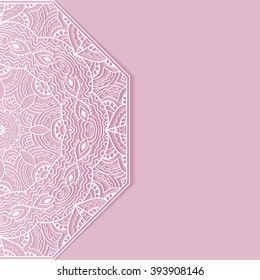 Decorative abstract background, wedding invitation or greeting card design with lace pattern, Mandala element. Beautiful luxury postcard, ornate page cover, ornamental vector illustration