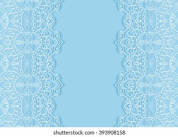 Decorative abstract background, wedding invitation or greeting card design with lace border pattern. Beautiful luxury postcard, ornate page cover, ornamental vector illustration