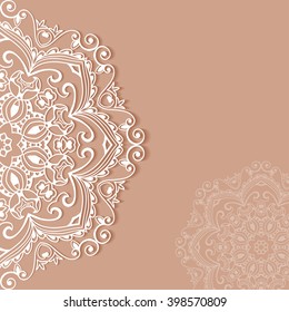 Decorative abstract background, wedding invitation or greeting card design with lace pattern, Mandala element. Beautiful luxury postcard, ornate page cover, ornamental vector illustration