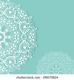 Decorative abstract background, wedding invitation or greeting card design with lace pattern, Mandala element. Beautiful luxury postcard, ornate page cover, ornamental vector illustration