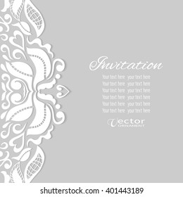 Decorative abstract background, wedding invitation or greeting card design with doodle floral lace pattern. Beautiful luxury postcard, ornate page cover, ornamental vector illustration