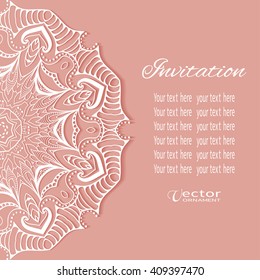 Decorative abstract background, wedding invitation or greeting card design with lace pattern, Mandala element. Beautiful luxury postcard, ornate page cover, ornamental vector illustration