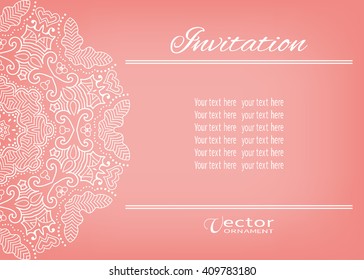 Decorative abstract background, wedding invitation or greeting card design with lace pattern, Mandala element. Beautiful luxury postcard, ornate page cover, ornamental vector illustration
