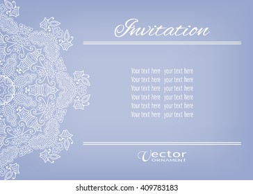 Decorative abstract background, wedding invitation or greeting card design with lace pattern, Mandala element. Beautiful luxury postcard, ornate page cover, ornamental vector illustration
