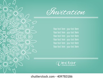 Decorative abstract background, wedding invitation or greeting card design with lace pattern, Mandala element. Beautiful luxury postcard, ornate page cover, ornamental vector illustration