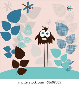 Decorative abstract bird in a garden - vector illustration
