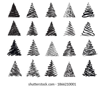 Decorative abstract black silhouettes of christmas trees. Fir tree. Pine tree. Spruce tree. Vector illustration.