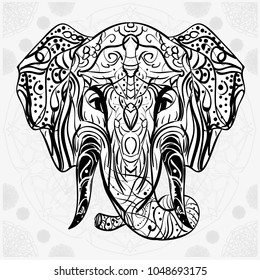 Decorative abstract black and white postcard with an elephant head, which is designed for printing on postcards, T-shirts, posters and for tattoos