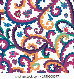 Decorative abstract blooming of flowers and plants, leaves of botany and biodiversity. Psychedelic or unusual background or print, used for textile or fabric. Seamless pattern, vector in flat style