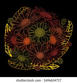 Flores de manzanilla abstractas y decorativas, elementos de diseño. Se puede utilizar para tarjetas, invitaciones, banners, carteles, diseño de impresión. Antecedentes florales en estilo de arte lineal