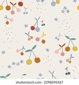 Decorative abstract cherry vector seamless pattern. Scandinavian childish summer fruity background. Baby surface design for textile fabric