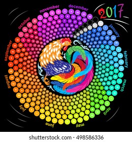 Decorative abstract cock in wheel calendar grid. Ornamental colorful rooster in the form of a circle. Drawing Chinese characters of the New Year 2017. 