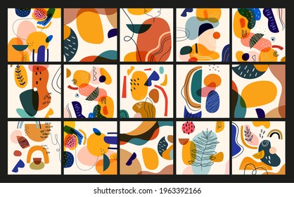 Decorative abstract collection of templates with abstract shapes and colourful doodles. Hand-drawn modern shapes