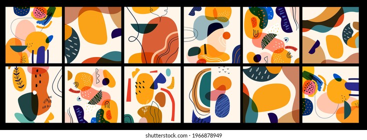 Decorative abstract collection of templates with abstract shapes and colourful doodles. Hand-drawn modern shapes