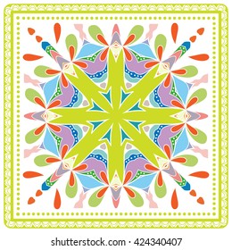 Decorative abstract color background, mandala geometric floral pattern with ornate lace frame, tribal ethnic ornament. Bandanna shawl fabric print, silk neck scarf, kerchief design, vector decoration 