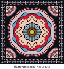 Decorative abstract color background, mandala geometric floral pattern with ornate lace frame, tribal ethnic ornament. Bandanna shawl fabric print, silk neck scarf, kerchief design, vector decoration 