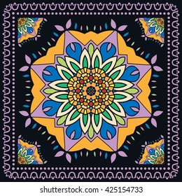 Decorative abstract color background, mandala geometric floral pattern with ornate lace frame, tribal ethnic ornament. Bandanna shawl fabric print, silk neck scarf, kerchief design, vector decoration 