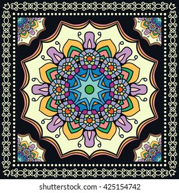 Decorative abstract color background, mandala geometric floral pattern with ornate lace frame, tribal ethnic ornament. Bandanna shawl fabric print, silk neck scarf, kerchief design, vector decoration 