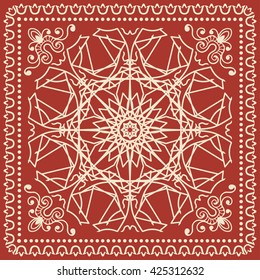 Decorative abstract color background, mandala geometric floral lace pattern with ornate lace frame, tribal ethnic ornament. Bandanna shawl fabric print, silk neck scarf, kerchief design 
