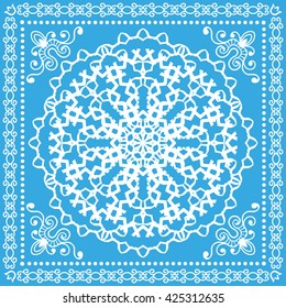 Decorative abstract color background, mandala geometric floral lace pattern with ornate lace frame, tribal ethnic ornament. Bandanna shawl fabric print, silk neck scarf, kerchief design 