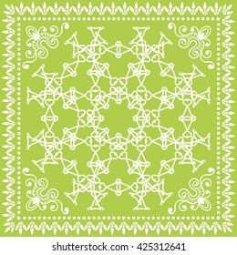 Decorative abstract color background, mandala geometric floral lace pattern with ornate lace frame, tribal ethnic ornament. Bandanna shawl fabric print, silk neck scarf, kerchief design 