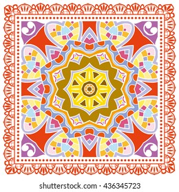 Decorative abstract color background, mandala geometric floral pattern with ornate lace frame, tribal ethnic ornament. Bandanna shawl fabric print, silk neck scarf, kerchief design, vector decoration