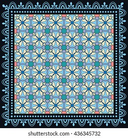 Decorative abstract color background, mandala geometric floral pattern with ornate lace frame, tribal ethnic ornament. Bandanna shawl fabric print, silk neck scarf, kerchief design, vector decoration