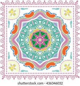 Decorative abstract color background, mandala geometric floral pattern with ornate lace frame, tribal ethnic ornament. Bandanna shawl fabric print, silk neck scarf, kerchief design, vector decoration