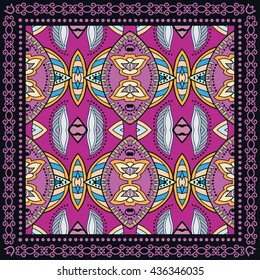 Decorative abstract color background, mandala geometric floral pattern with ornate lace frame, tribal ethnic ornament. Bandanna shawl fabric print, silk neck scarf, kerchief design, vector decoration