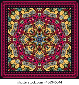 Decorative abstract color background, mandala geometric floral pattern with ornate lace frame, tribal ethnic ornament. Bandanna shawl fabric print, silk neck scarf, kerchief design, vector decoration