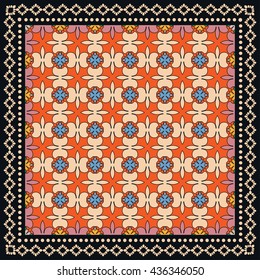 Decorative abstract color background, mandala geometric floral pattern with ornate lace frame, tribal ethnic ornament. Bandanna shawl fabric print, silk neck scarf, kerchief design, vector decoration