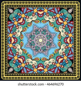 Decorative abstract color background, mandala geometric floral pattern with ornate lace frame, tribal ethnic ornament. Bandanna shawl fabric print, silk neck scarf, kerchief design, vector decoration